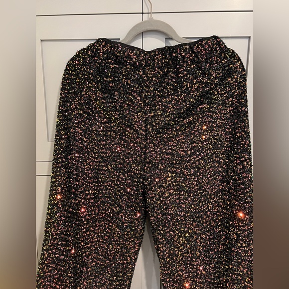 Women’s elastic waist sequin pants. Black with rose gold sequins. Lined. L 8/10. - Picture 2 of 3